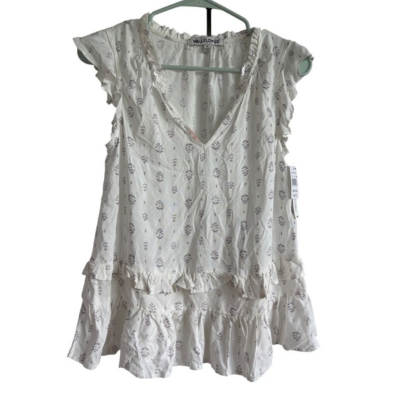 Wallflower Challis Ruffle Tank Top V-Neck Sleeveless Casual White Floral Medium - Picture 2 of 5
